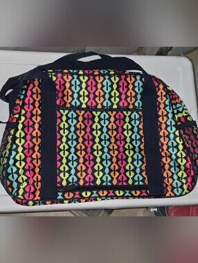 thirty-one Quilted Tote with Navy and Multi-Color Geometric Print
